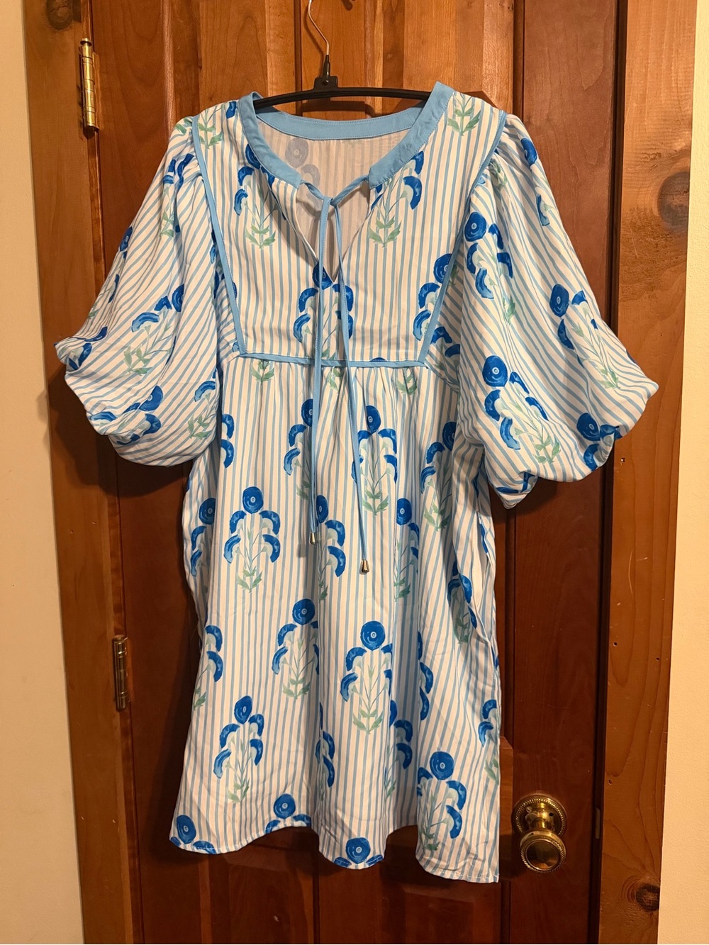 Blue Floral Stripe Dress with Puff Sleeves
